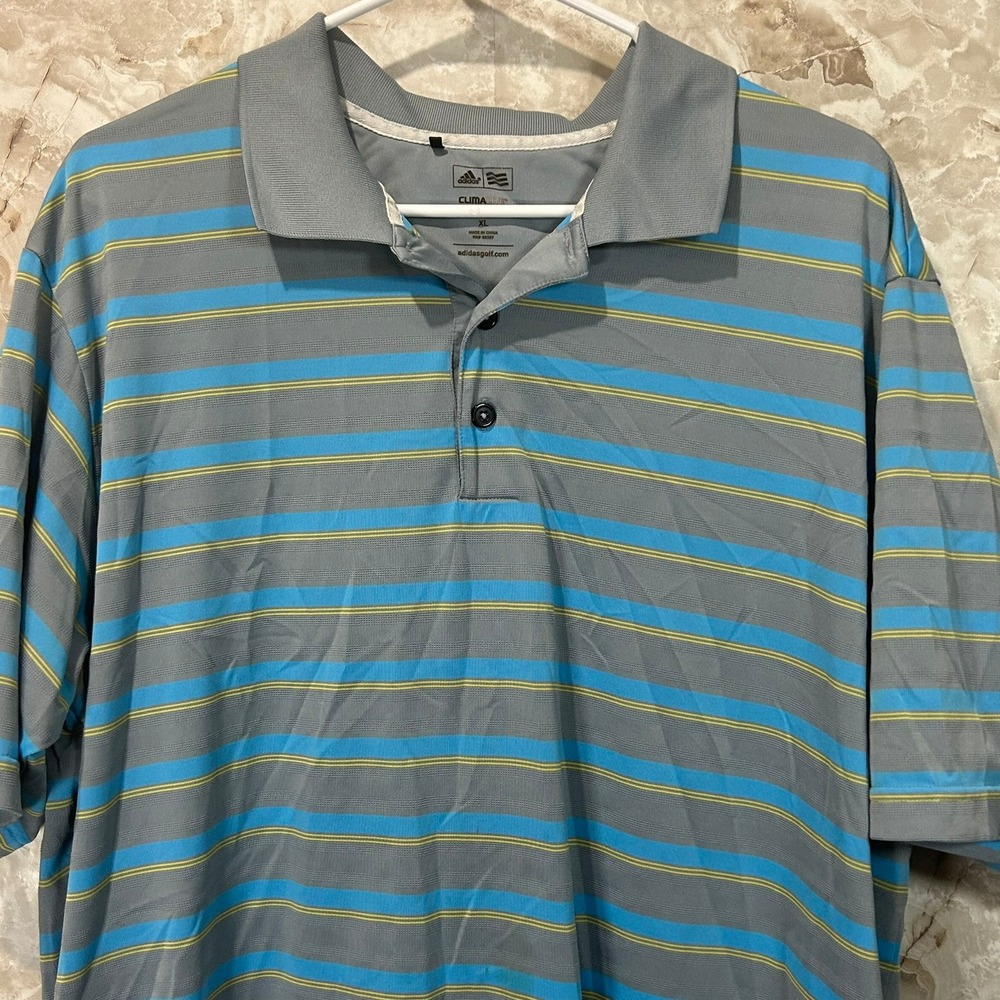 Adidas ClimaLite XL Gray Blue‎ Yellow Striped Golf Polo Shirt Mens